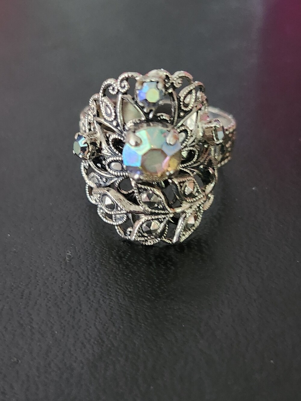 Vtg West Germany Aurora Crystal Filigree Ring - Silver Tone